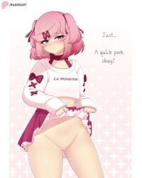 1girls clothed clothing doki_doki_literature_club embarrassed natsuki_(doki_doki_literature_club) no_panties pink_hair pussy raionart showing_pussy skirt_lift solo solo_female text white_background