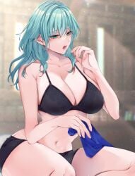 1girls byleth_(fire_emblem) byleth_(fire_emblem)_(female) cleavage fire_emblem fire_emblem:_three_houses green_eyes green_hair indoors large_breasts mokichi_xx nintendo open_mouth underwear underwear_only wide_hips