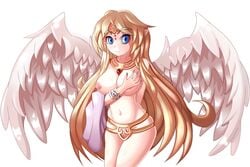 angel angel_wings areolae blonde_hair blue_eyes blush bracelet breasts cloth ecstasy_(icyblue) eyelashes female groping highres ilias jewelry large_breasts long_hair mon-musu_quest! monster_girl_quest navel necklace nipples nude plump pussy revision shiny shiny_hair simple_background smile thick_thighs tiara tight very_long_hair wide_hips wings