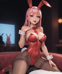 ai_generated bdmaestro bunny_girl bunnysuit cleavage cowgirl_position female smile strapless_leotard zero_two_(darling_in_the_franxx)