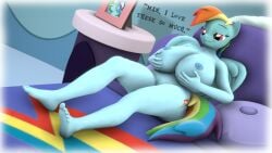 16:9 3d anthro bed big_breasts breasts casual_nudity dialogue digital_media_(artwork) english_text equid feet female friendship_is_magic furniture hasbro hi_res holding_breast huge_breasts humanoid_feet mammal my_little_pony nipples nude pinkierawr plantigrade rainbow_dash_(mlp) rainbow_hair solo text toes widescreen