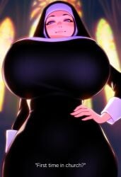 ai_generated big_breasts black_dress blush breast_focus breasts_bigger_than_head busty caption cathedral cattlec curvaceous curvaceous_female english_text hand_on_hip hourglass_figure huge_breasts imminent_paizuri imminent_rape imminent_sex looking_at_viewer looking_down massive_breasts novelai nun nun's_habit nun_outfit pov purple_eyes round_breasts smile smirk taller_female taller_girl text thin_waist tight_clothes tight_clothing wide_hips