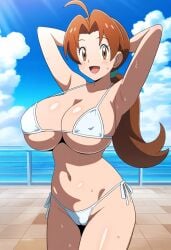 ai_generated armpits arms_behind_head belly_button bikini brown_eyes brown_hair delia_ketchum_(pokemon) happy hillnexai huge_breasts mommy novelai pokemon sweat white_bikini