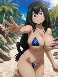 1girls ai_generated american_flag_bikini asui_tsuyu beach bikini breasts_bigger_than_head female looking_at_viewer my_hero_academia tagme tsuyu_asui