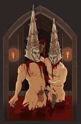 2boys blasphemous blood blood_drip blood_stain chest_tuft clownesque flaccid flaccid_penis hairy_chest hairy_male helmet helmet_only male male_only masked masked_male nipples penitent_one pubes pubic_hair sword tagme