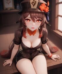 ai_generated bdmaestro cleavage female hu_tao_(genshin_impact) looking_at_viewer narrow_waist sitting thighs