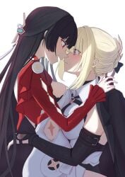 2girls astra_yao black_hair blonde_hair blush breasts dress evelyn_chevalier female female_only jacket purple_eyes red_eyes sitting_on_lap sitting_on_person yuri zenless_zone_zero