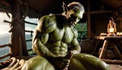 3d ai_generated bara big_muscle big_penis erection green_skin huge_cock male muscular_male orc orc_male orced penis