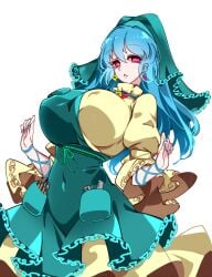 apron arm_ribbon blue_hair blue_nails breasts covered_navel cowboy_shot dress earrings eyelashes female fingernails green_apron green_head_scarf green_headscarf hair_between_eyes hands_up haniyasushin_keiki headscarf highres jewelry large_breasts long_fingernails long_hair looking_at_viewer magatama magatama_earrings magatama_necklace nail_polish necklace open_mouth pink_eyes pocket puffy_short_sleeves puffy_sleeves raptor7 ribbon short_sleeves simple_background solo standing tools touhou white_background wood_carving_tool yellow_dress