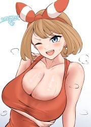 1girls 2025 arm_under_breasts barefoot blue_eyes breasts brown_hair cleavage female game_freak hinaringopple large_breasts may_(pokemon) may_(pokemon_oras) nintendo one_eye_closed open_mouth pokemon pokemon_oras red_tank_top short_hair simple_background solo solo_female solo_focus sweat sweaty sweaty_breasts tank_top tongue white_hair wink