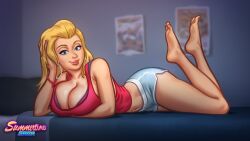 1080p 1girls 2d 2d_(artwork) bed_sheet bedroom big_breasts blonde_female blonde_hair blue_eyes booty_shorts breasts cleavage clothed darkcookie digital_drawing_(artwork) digital_media_(artwork) earrings feet female female_focus female_only laying_down laying_on_side light-skinned_female light_skin on_bed on_side pinup pose posing presenting roxxy_(summertime_saga) shorts showing_off summertime_saga tank_top wallpaper watermark