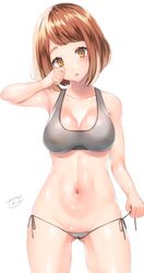 areolae ass_visible_through_thighs bare_arms bare_shoulders big_breasts breasts brown_eyes brown_hair cameltoe cleavage cowboy_shot female groin head_tilt highres large_breasts lowleg lowleg_panties midriff my_hero_academia navel nipples ochako_uraraka open_mouth panties sakiryo_kanna see-through shiny_skin short_hair side-tie_panties solo sports_bra sweat thigh_gap thighs voluptuous wet wide_hips