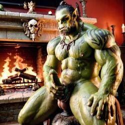 3d ai_generated bara big_muscle big_penis erection green_skin huge_cock male muscular_male orc orc_male orced penis