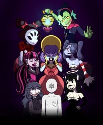 1boy 2d 2d_(artwork) 5_eyes 7girls alice_angel bendy_and_the_ink_machine black_hair black_lips blue_body brawl_stars breasts buckteeth covered_eyes creepy_smile crossover draculaura dress earrings fangs fish fish_girl ghost ghost_girl gloves green_body grey_body hair_covering_eye hair_covering_eyes halo harem heart hex_maniac hi_res hips hips_wider_than_shoulders licking licking_own_lips lips long_hair mighty_magiswords mk210 monster monster_girl monster_harem monster_high muffet note pale_skin penny_plasm pink_body pink_hair pink_lips pokemon red_eyes scared scared_expression short_hair skull skullgirls small_breasts smiling smiling_at_partner spider spider_girl squigly surrounded surrounded_by_women tongue tongue_out twintails two_tone_hair undead undead_female undertale vampire vampire_girl weird weird_crossover wide_hips willow_(brawl_stars) yellow_eyes yellow_gloves zombie zombie_girl