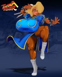 1girls activision anthro bandicoot big_breasts bimbo bimbo_lips blonde_hair blue_background boots breasts breasts_bigger_than_head capcom chun-li_(cosplay) clothing cosplay crabtopus crash_(series) curvaceous curvy curvy_figure english_text female female_only fighting_pose fit fit_female fully_clothed furry hair_over_one_eye huge_breasts long_hair puffy_lips solo solo_female standing_on_one_leg tagme tawna_bandicoot text thick_thighs top_heavy voluptuous voluptuous_female