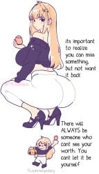 1girls advice ass ass_focus big_ass big_breasts breasts clothed crouching english_text female female_only hairpin heels high_heels human light-skinned_female long_hair looking_at_viewer original original_character shun_bun text tight_clothing watermark white_background wholesome