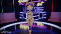 animal_crossing ankha ankha_(animal_crossing) ankha_(zy0n7) anthro bdsm_harness blue_hair closed_eyes ear_fluff egyptian egyptian_mythology flat_chest furry hands_over_breasts harness headpiece looking_up neon_lights nintendo petite reheshul shibari_harness short solo yellow_fur