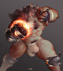 2017 abs anthro armor body_hair bulge canine chest_tuff claws clothing crtm gauntlets gloves hair happy_trail hi_res jockstrap male male_only mammal muscular penis_outline simple_background underwear