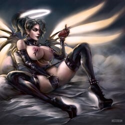 2017 areolae big_breasts black_lipstick breasts female goth halo heart heart_areola large_breasts latex looking_at_viewer mercy michael_smirnov mister69m nipple_chain nipple_clamps nipple_piercing nipples overwatch piercing solo thighhigh