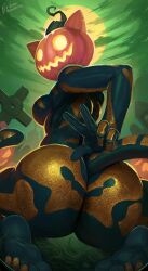 absurd_res anthro ass big_breasts big_butt breasts cemetery curvy_figure domestic_cat epic_games felid feline felis female for_a_head fortnite glowing glowing_eyes halloween hi_res holidays looking_at_viewer looking_back looking_back_at_viewer mammal night object_head outside pajamamcham pumpkin_head rear_view solo spice_(fortnite) tail tombstone