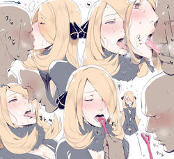 ... 1boy 1girls arrow bald blonde_hair blush breasts cleavage closed_eyes covering_mouth cynthia_(pokemon) drooling face_licking faceless faceless_male female fur_collar fur_trim hair_ornament hair_over_one_eye half-closed_eyes heart highres human iku_(ikuchan_kaoru) kissing licking licking_face nose nose_lick pokemon pokemon_dppt saliva saliva_trail scentplay simple_background smelling smelling_saliva solo_focus text thought_bubble tongue tongue_out white_background