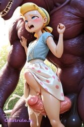 1girl age_difference ai_assisted ai_generated anal anal_sex bestiality big_cock blonde_hair blue_dress blue_eyes bo_peep crying cum_dump cumdump cumshot domination fear feminine_body flaccid flat_chest micro_penis mind_break monster monster_cock naked nude pain penis_size_difference pleasure screaming short_hair short_sleeves size_difference small small_ass small_balls stomach_bulge tiny_balls toy_story used young