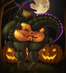 absurd_res alligator alligatorid anthro anus areola ass big_areola big_breasts big_butt big_nipples big_tail biped blonde_hair bodypaint breasts carolina_delacroix_(heliocintrini) cellulite chains clothing crocodilian female food fruit genitals green_body green_scales hair halloween hat headgear headwear hi_res holidays huge_breasts huge_butt hyper hyper_breasts jack-o'-lantern kobu_art long_tongue moon night nipple_piercing nipples paint painted_butt piercing plant plump_labia presenting presenting_anus presenting_hindquarters presenting_pussy presenting_vulva puffy_anus pumpkin pussy reptile scales scalie sharp_teeth solo spread_butt spread_pussy spread_vulva spreading tail teeth thick_thighs tongue tongue_piercing tree vulva