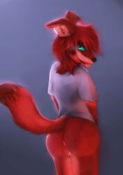 2017 anthro anus ass blue_eyes canine canine clothed clothing digital_media_(artwork) dipstick_tail female fur green_eyes hair mammal multicolored_tail pink_fur presenting pussy red_fur red_hair shirt simple_background skymafia smile solo tongue