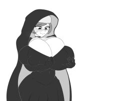 1girls big_nipples breast_expansion breasts comic female gigantic_breasts hitama inspecting_breasts nipple_bulge nun nun_outfit pulling_own_clothes revealing_breasts textless touching_breast touching_own_breast