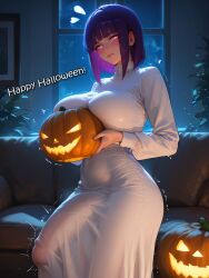 1futa absurd_res ai_generated amiiari annie_(amiiari) ass_bigger_than_head big_breasts big_penis breast_squeeze breast_squish breasts bulge bulge_through_clothing detailed dickgirl erection erection_under_clothes futanari ghost ghost_costume halloween halloween_costume highres holding_pumpkin huge_breasts intersex large_penis long_penis massive_penis object_on_breast original_character penis penis_to_the_knees penis_under_clothes pink_eyes pumpkin purple_hair shaking short_hair skin_tight skindentation thick_thighs tight_clothing voluptuous white_dress wide_hips