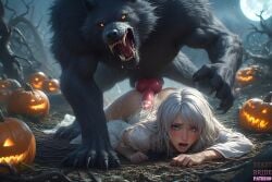 ai_generated all_fours animal_genitalia animal_penis anthro anthro_dominating_human ass balls bare_ass beastbride black_fur canid canine canine_genitalia canine_on_human canine_penis canis claws fangs female full_moon fur gasp gasping glowing_eyes gray_hair halloween human_female interspecies jack-o'-lantern knot knotted_penis male male_anthro/female_human mascara_tears messy_hair monster monster_on_female monster_rape moon moonlight open_mouth outdoors penis raised_clothing raised_dress raped_by_monster raped_female ruined_makeup running_mascara runny_makeup semen sharp_teeth silver_hair submissive_female submissive_human tears torn_clothes torn_dress werewolf white_clothing white_hair wide_eyed wide_eyes wolf