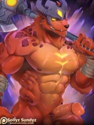 1boy 5_fingers abs abstract_background anthro areola axe balls bandage barazoku battle_axe biceps big_biceps big_pecs biped canine cheek_tuft claws close-up countershade_torso countershading detailed edit empty_eyes erection fangs front_view fur fur_tuft furry_only glans glowing glowing_eyes half-length_portrait headwear holding_object holding_weapon horn huge_muscles humanoid_hands humanoid_penis infernal_nasus infernal_series jackal league_of_legends male male_only mammal manly melee_weapon mostly_nude muscular muscular_male nasus navel nipples no_humans nude obliques patreon pecs penis portrait riot_games serratus sharp_claws sharp_teeth smile soft_shading sollyz solo standing teeth thick_penis thick_thighs triceps tuft uncensored vein veiny_penis video_games weapon wraps wrist_wraps