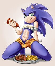 1boy alternate_body_type androgynous blue_fur bulge crossdressing femboy femboy_hooters furry girly hedgehog hooters kowoshake mammal pubic_hair sonic_(series) sonic_the_hedgehog trap waiter