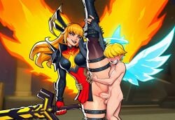 1boy 1girls ai_generated angel angel_boy/demon_girl angel_wings female hugging_legs kissing legs magik_(illyana_rasputin) magik_(marvel_rivals) magik_(phoenix_demon) male marvel marvel_comics marvel_rivals pussy shorter_male/taller_female split_form vaginal_penetration x-men