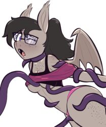 1girls 2019 bat_pony bat_wings black_bra black_hair bra bra_lift breasts clothing dubious_consent female freckles friendship_is_magic glasses grey_fur long_hair my_little_pony octavia_melody one_eye_closed open_mouth panties pink_panties pink_shirt ponytail purple_tentacles restrained shirt shirt_lift steecks tentacle underboob white_background wings