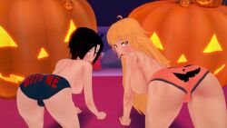 2girls blonde_female blonde_hair breasts female half-dressed half_naked half_naked_female halloween halloween_pumpkin long_hair long_hair_female looking_back panties pumpkin purple_eyes ruby_rose rwby rwby_lewd silver_eyes yang_xiao_long