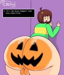 1boy annoyed_expression ass_bigger_than_head backsack balls ballsack big_ass bottom_heavy_femboy bottomless brown_hair bubble_ass bubble_butt chara chara_(undertale) dialogue femboy femboy_chara girly halloween halloween_2025 hands_on_wall huge_ass human human_only jack-o'-lantern large_ass looking_back male male_only paint painted_butt pumpkin_butt showing_ass simple_background simple_drawing simple_face spectrodraws talking_to_another text thick_thighs undertale wide_hips
