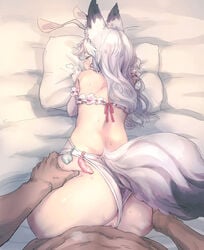 1boy all_fours animal_ears ass ass_grab bangs bed_sheet blush bunnysuit censored closed_mouth clothed_female_nude_male clothing_aside condom dark-skinned_male dark_skin doggy_style elbow_gloves female fox_ears fox_tail gloves highres kuryuu_kohaku leotard leotard_aside long_hair looking_at_viewer mosaic_censoring noconol nude on_bed original pillow pillow_grab sex solo_focus straight sweat tail used_condom vaginal_penetration wavy_hair white_gloves white_hair white_leotard