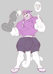 anthro big_bulge boosterpang clothed clothing dildo english_text feline huge_muscles looking_at_viewer male male_only mammal monochrome muscular nipple_bulge open_mouth plini sex_toy smile solo text