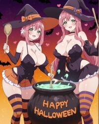 100_kanojo 2girls ai_generated bat blush breasts cauldron choker cleavage covered_navel covered_nipples detached_sleeves female female_only frills gradient_background green_eyes hair_between_eyes halloween hanazono_hahari hanazono_hakari happy_halloween hat heart kimi_no_koto_ga_dai_dai_dai_dai_daisuki_na_100-nin_no_kanojo large_breasts long_hair looking_at_viewer miniskirt mother_and_daughter multiple_girls notreallyhere open_mouth pink_hair short_hair short_hair_with_long_locks smile spoon standing stirring striped_legwear thighs witch witch_costume witch_hat