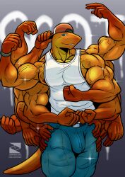 abs backwards_baseball_cap baseball_cap belt big_bulge big_muscles big_penis blue_eye bodybuilder cap echinoderm flexing gingatokkyu jeans looking_at_viewer male multi_arm muscular muscular_anthro muscular_male orange_skin pants penis posing posing_for_the_viewer scott_(gingatokkyu) sparkles starfish sunflower_sea_star sunflower_seastar tail undershirt veiny_muscles wife_beater wristwatch