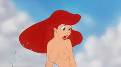 accurate_art_style ariel big_breasts blue_eyes breasts conscious disney disney_princess edit female lipstick long_hair nipples nude open_mouth red_hair screenshot screenshot_edit sky the_little_mermaid tongue topless