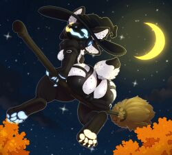 2025 4_ears 4_toes anthro ass backsash big_butt black_clothing broom broom_riding camel_toe claws cleaning_tool clothed clothing digital_media_(artwork) feet female fur glowing glowing_paws hair halloween hat headgear headwear hi_res hindpaw holidays machine magic_user mammal moon multi_ear night outside panties pawpads paws plant protogen screen screen_face sky smile solo star starry_sky tail toes tree underwear white_body white_fur witch witch_hat