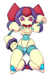 1girls bikini brass breasts female medarot mouthless pink_eyes robot robot_girl robot_humanoid small_breasts striped_bikini t-t/u2