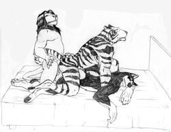 2016 abs anal anal_sex anal_train ang3l_(artist) anthro anthro_on_anthro ass balls bed biceps biped black_and_white caminos_desconocidos canine claws feline from_behind_position fur group group_sex guzmaro hanzo_(ang3l) humanoid_penis husky leonel lion male mammal mane monochrome muscular muscular_male open_mouth pecs penetration penis raised_tail sex simple_background sofa stripes tails_(disambiguation) threesome tiger train train_position vehicle yaoi