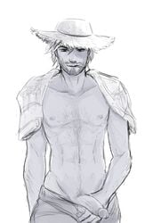 1boy apple_(appleuniversing) beard chest_hair cole_cassidy cowboy_shot facial_hair hat highres lifeguard_cassidy looking_at_viewer male male_only male_pubic_hair monochrome neck nipples overwatch penis pubic_hair shirtless shorts shorts_pull sketch solo straw_hat towel towel_around_neck white_background