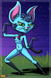 animal_genitalia anthro blue_fur blue_hair breasts clothing feline female fur furry furry_only gloves green_eyes gummybear_and_friends hair hentai_boy kala_(gummybear_and_friends) mammal no_humans nude pussy