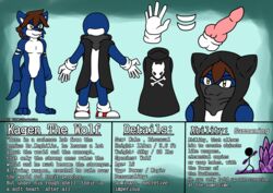 animal_genitalia animal_penis anthro blue_fur bone canide canine canine_penis clothing english_text fan_character flat_colors footwear fur gloves kagen_the_wolf knot male mammal model_sheet penis scarf shoes sonic_(series) standing text video_games wildwolfproduction wolf yellow_eyes