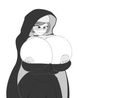 1girls areolae big_nipples breast_expansion breasts comic female gigantic_breasts hitama inspecting_breasts nipples nun nun_outfit pulling_own_clothes revealing_breasts textless touching_breast touching_own_breast