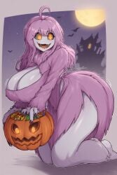 ai_generated bats breasts breasts_bigger_than_head candy female female_only full_moon halloween infinite_ai jack-o'-lantern large_breasts monster_girl on_knees orange_eyes pink_hair pumpkin simple_background thick_thighs